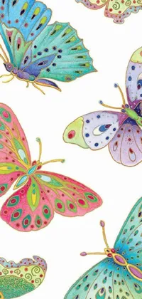 This phone live wallpaper features a group of colorful butterflies on a white background, complemented by a paisley wallpaper