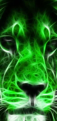 This phone live wallpaper features a green lion's face in digital rendering against a neon green background, complete with xray HD effects and inspiration from the Green Lantern
