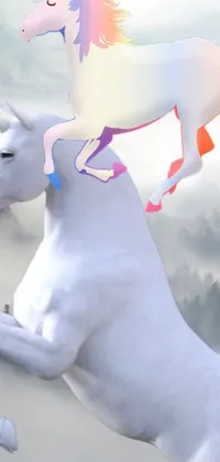 This phone live wallpaper depicts a magical unicorn riding on the back of a white horse in intricate detail