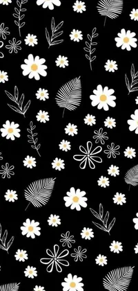 Get a stunning phone wallpaper featuring black background with white vector art flowers and leaves