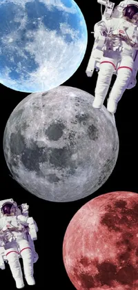 This phone live wallpaper showcases a breathtaking scene of astronauts floating in front of a full moon, set against a stunning backdrop of space art