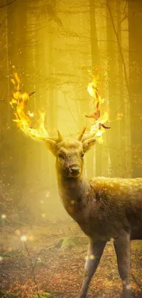 This phone wallpaper features a digital art image of a deer amidst a fiery forest, with a yellow light spell adding an eerie glow