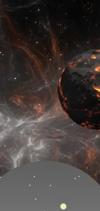 This phone live wallpaper features an extraordinary close-up view of a glowing magma sphere floating in a cosmic nebula, painted in digital art by a talented artist