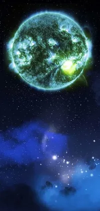 This space-themed live wallpaper features a stunning object in the sky set against a blue and green anime background