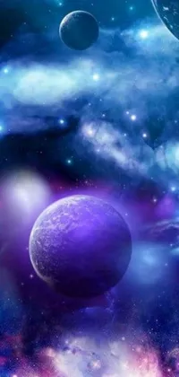 This live wallpaper boasts a digital art piece consisting of multiple planets floating in vibrant blue and purple lighting, set against the backdrop of a starry sky