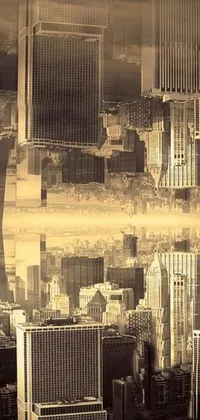 This stunning phone live wallpaper features a black and white photograph of a modern city skyline with skyscrapers, digital art, and shades of aerochrome gold