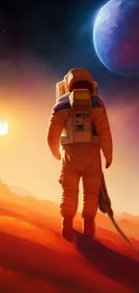 This incredibly detailed phone live wallpaper features a sleek white and silver space suit-wearing astronaut standing on a barren, rocky terrain of a red planet, surrounded by stars and galaxies in the vast landscape of space
