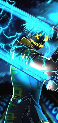 This phone live wallpaper boasts a striking image of a hand holding a sword, electrified by vibrant cyan lightning and bright yellow eyes
