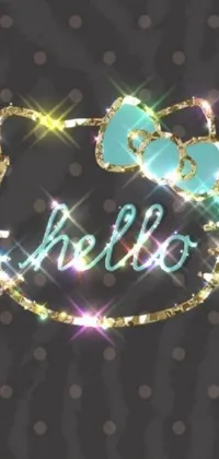 This lively phone wallpaper is sure to brighten up your screen! Featuring a charming Hello Kitty design, the holographic "hello" lettering pops against the black and gold background with pops of light blue
