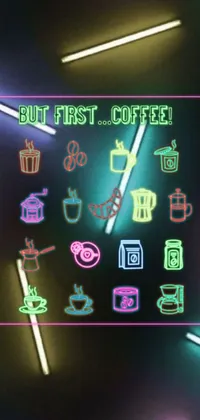 Looking for a lively and colorful live wallpaper for your phone? Try this one! It features a neon sign that reads "but first coffee", set against an urban graffiti-inspired background