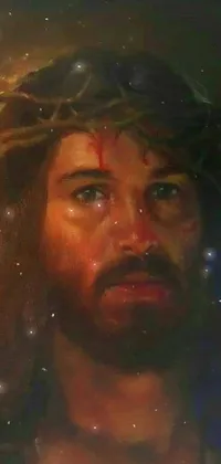 This digital 4k phone wallpaper is an oil painting of a religious figure with a crown of thorns on their head