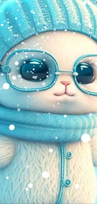 This phone live wallpaper showcases a charming white cat wearing a stylish blue hat and glasses