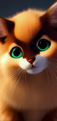 This phone live wallpaper showcases an animated ginger cat with green eyes in perfect sunlight