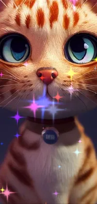 This phone live wallpaper features a cute cartoon style ginger cat with blue eyes