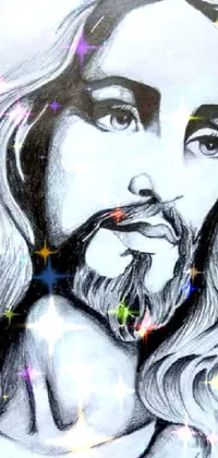 This phone live wallpaper showcases a pencil drawing of a bearded man with long hair, inspired by surrealist artwork and created with acrylics