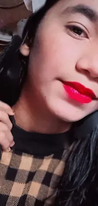 This phone live wallpaper showcases a striking woman with black hair and red lipstick against a vibrant backdrop of colorful flowers
