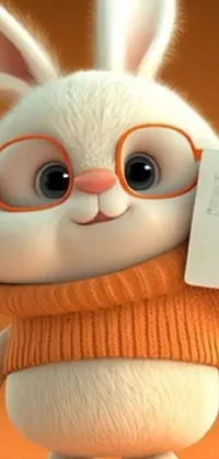 This charming live phone wallpaper features a delightful cartoon bunny with large glasses and a small piece of paper