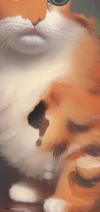 This live phone wallpaper features a realistic digital painting of an orange and white cat sitting on top of a table, viewed from below