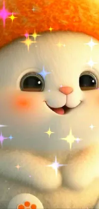 This phone live wallpaper showcases a digital rendering of a cute, anthropomorphic bunny wearing a hat and a bright smile on its white and orange furry face