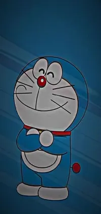 Looking for a lively and dynamic live wallpaper for your phone? Check out this popular cartoon character close-up! Featuring a beloved robotic cat from Japanese manga/anime, this blue background, zero-gravity live wallpaper showcases stars and planets floating by in the background