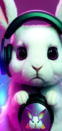 This colorful close-up wallpaper features a cute rabbit with big eyes wearing headphones