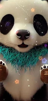 This phone live wallpaper depicts a charming cartoon panda bear wearing a scarf in a delightful close-up shot