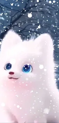 This phone wallpaper depicts a snow-covered landscape with a white cat, featuring the popular furry art style