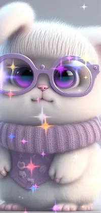 Looking for an adorable and trendy phone live wallpaper? Look no further! Our digital rendering of a white cat wearing glasses and a purple scarf is bound to win your heart