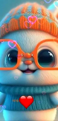 This lively phone live wallpaper features a charming cartoon bunny with eyeglasses and a cozy knitted hat in vibrant orange and blue hues