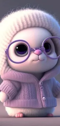This live phone wallpaper features a delightful cartoon bunny wearing glasses and a cozy sweater