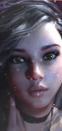 Looking for a visually striking live wallpaper? Look no further than this stunning and haunting image! Featuring a close-up of a woman with long hair and glowing purple eyes, this digital piece is sure to catch your eye