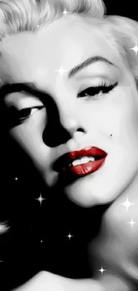 This phone live wallpaper features a stunning pop art painting of an iconic black and white photograph, displaying deep red lips that have been given a glossy digital painting treatment