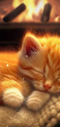 This digital kitten live wallpaper depicts a fluffy orange cat sleeping on a soft pillow in front of a cozy fireplace