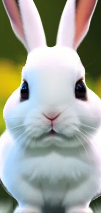 This phone live wallpaper depicts a closeup headshot of a digital white rabbit sitting on a natural wood table