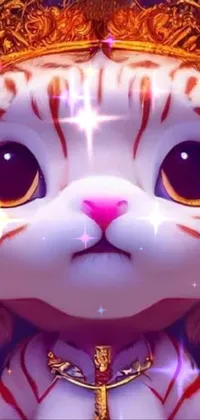 This live wallpaper depicts a majestic cat wearing a golden crown