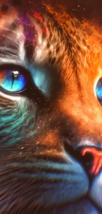 This phone wallpaper features a breathtaking digital painting of a cat with sharp blue eyes