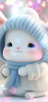 Looking for a cute and cuddly phone wallpaper? Check out this digital rendering of a stuffed white rabbit, wearing a winter hat and scarf