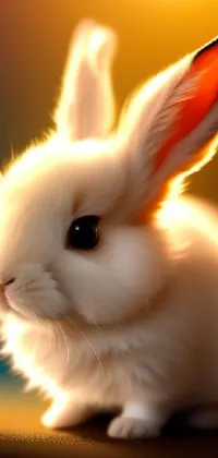 This live wallpaper for your phone features a stunning digital painting of a white rabbit sitting on a table