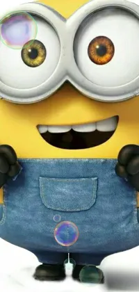This phone live wallpaper features a charming close-up of a Minion donning signature overalls