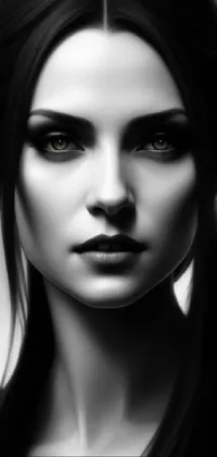 This black and white live wallpaper features a stunning portrait of a woman with long hair and large eyes