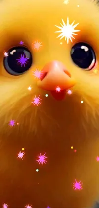 This phone live wallpaper showcases a close-up of a yellow bird with expressive, large eyes