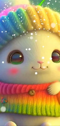 This lively live wallpaper captures an enchanting plush bunny donning a colorful hat with a cute smile and large eyes that are sure to lighten up your phone's display