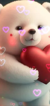 This live wallpaper showcases an adorable white teddy bear grasping a red heart