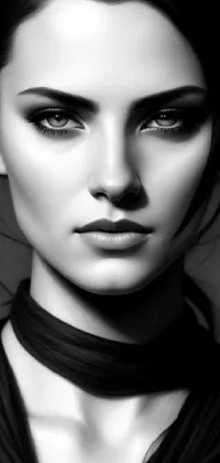 Looking for a captivating and unique live wallpaper for your phone? Check out this stunning black and white digital art wallpaper, featuring an ultra-realistic image of a woman with dark hair and piercing blue eyes