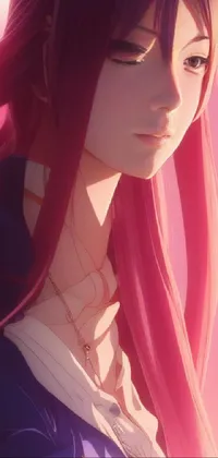 This phone live wallpaper showcases a close up of a person with long cascading red hair against a serene background that's tinged pink