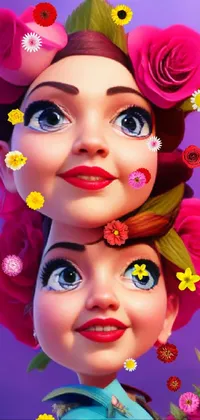 This vibrant phone wallpaper showcases a charming image of two dolls seated on each other, designed with whimsical pop surrealism style