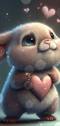 This live wallpaper for your phone features an adorable cartoon bunny holding a heart in its paws