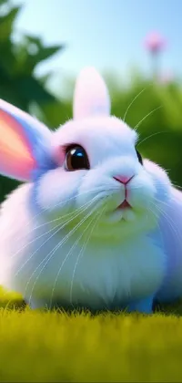 Get lost in the serenity and cuteness of this phone live wallpaper featuring a white rabbit perched atop a lush, green field