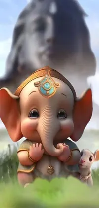 This phone live wallpaper features a small, cute elephant sitting atop a lush green field