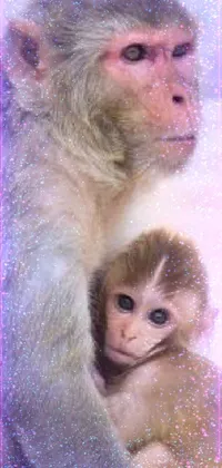 This phone live wallpaper features a playful monkey perched on a rock next to a baby monkey, a stunning portrait, a beautiful tropical forest with a cascading waterfall, a glittering city skyline at night with shimmering stars above, and a tranquil beach scene complete with palm trees and rolling waves